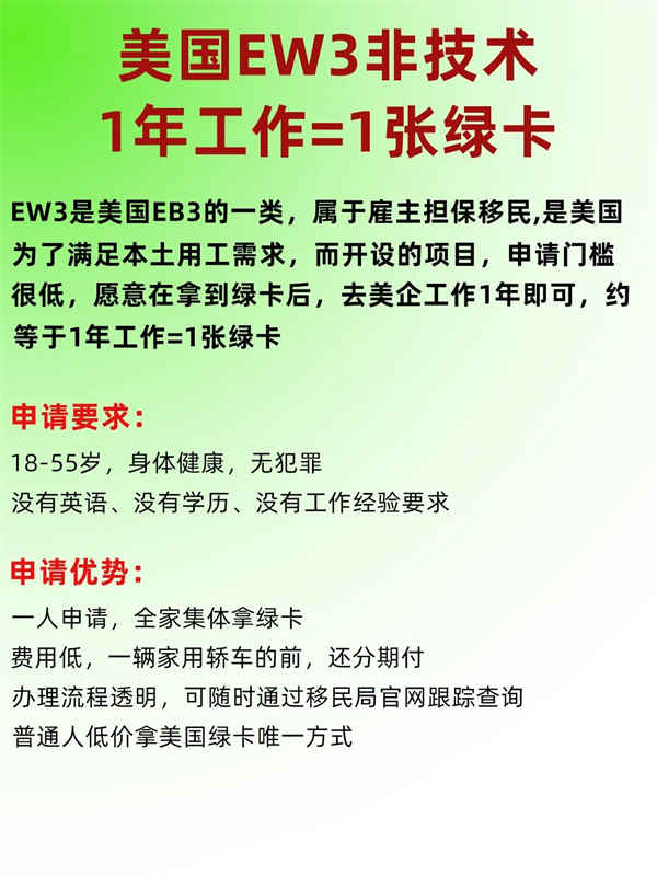 美國EW3非技術移民：1年工作=1張美國綠卡